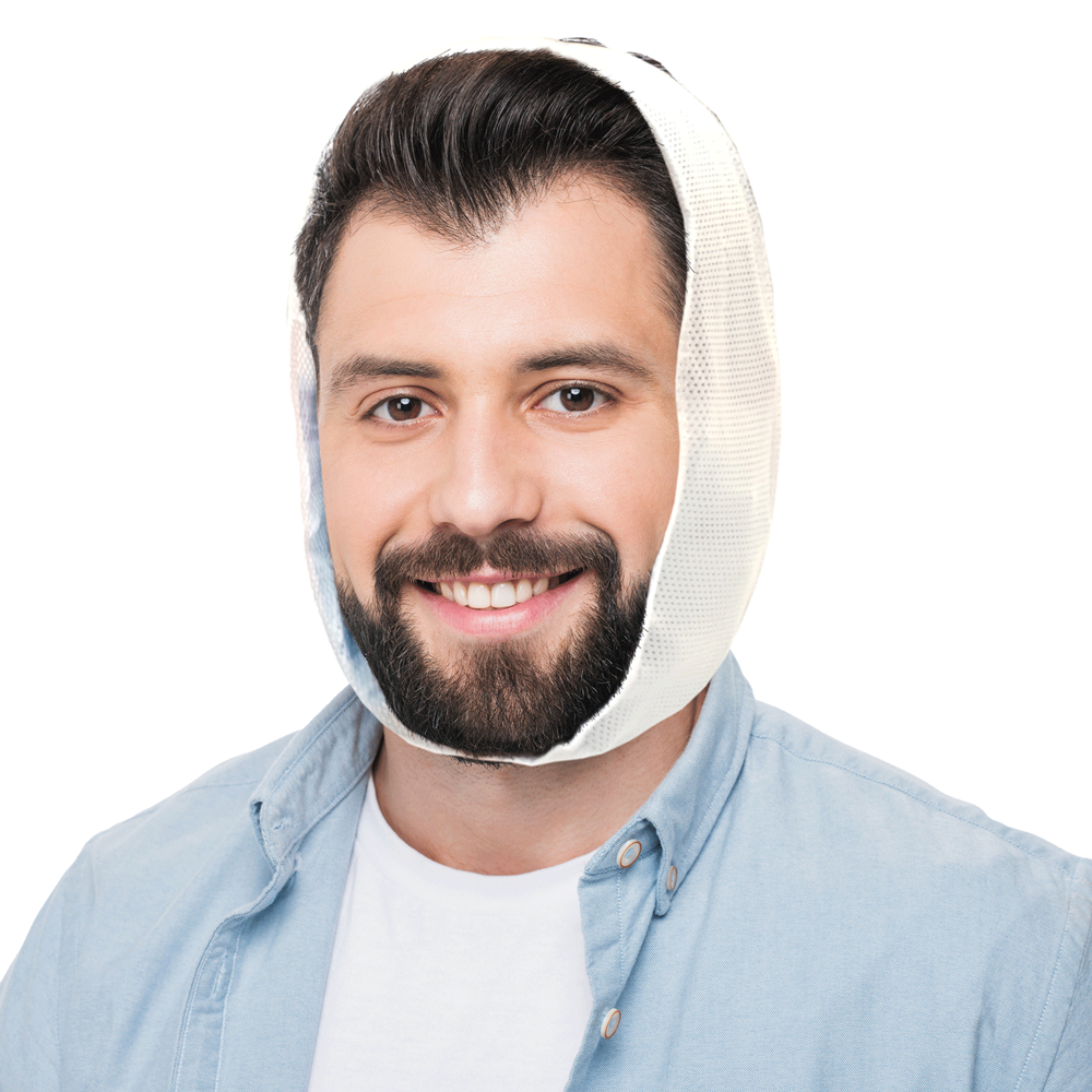 Man wearing a Medichill ice pack for face and jaw after a dental procedure.